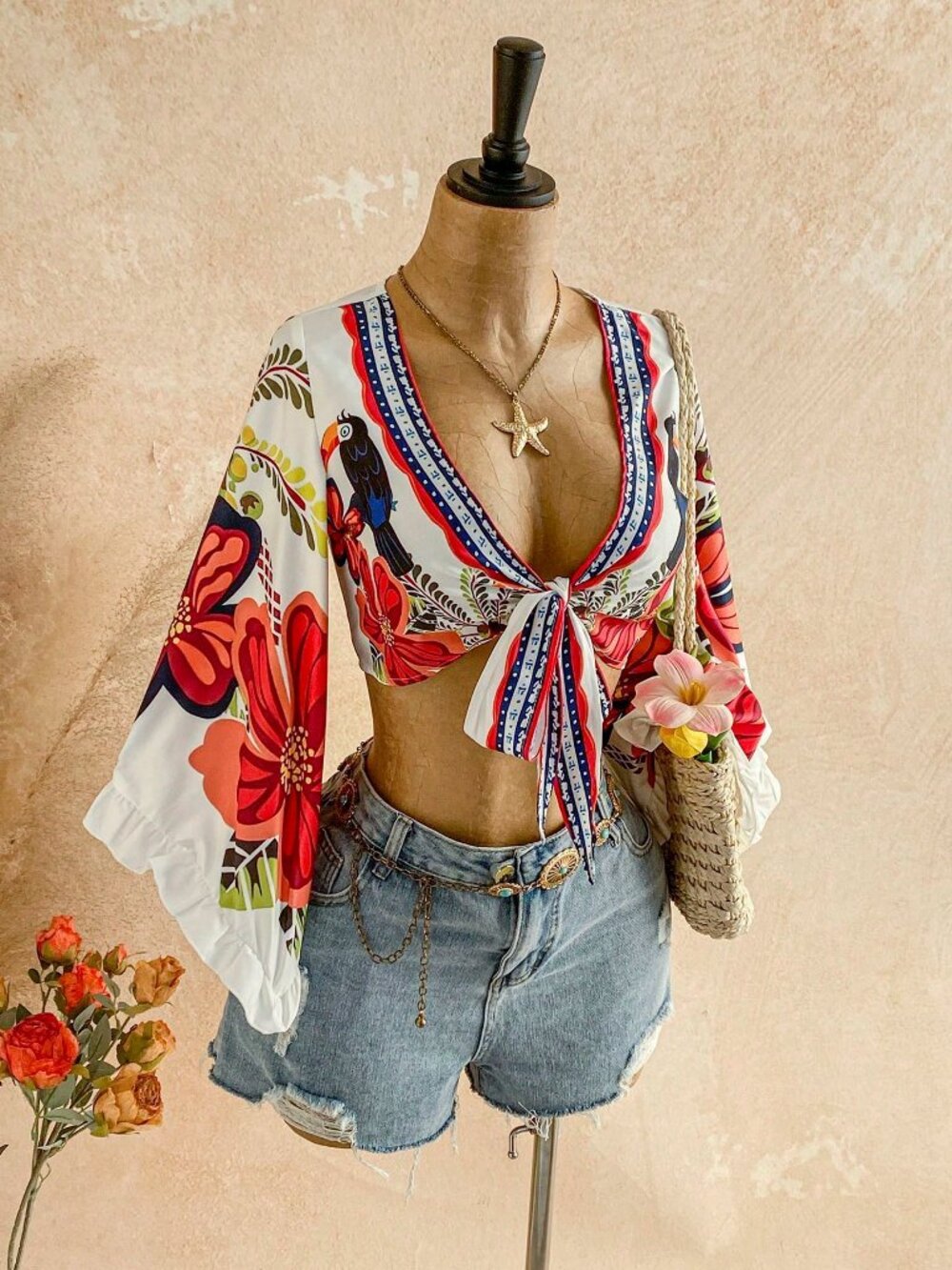 Multicolor Boho Women's Leopard Print Tie-Front Flare Sleeve Ruffle Cuff Blouse - Picture 2 of 6